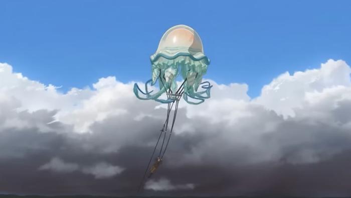 Leviathan TV Show: Deryn Sharp is carried in flight by a gigantic jellyfish creature