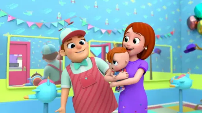 Little Angel: Baby John's Playtime TV: Baby John is on his mother's lap looking scared as they approach the barber for a haircut.