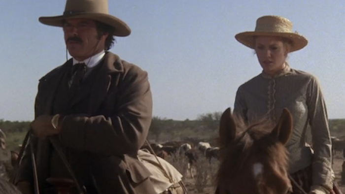 Lonesome Dove TV show screenshot 2: Jake Spoon and Lorena Wood riding horses. 