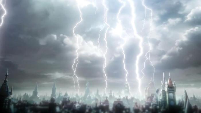 Lord of Mysteries TV Show: A gloomy and severe lightning and thunderstorm is shown over the town 