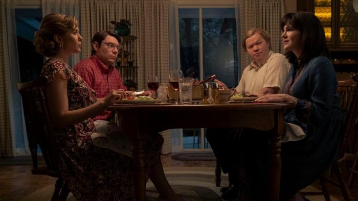 Love & Death TV show: two couples sit across from one another at the dinner table