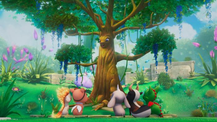 Magicampers TV show screenshot 4: Fifi, Darly, Loomies, Bodhi and Dracoon have their back to camera, watching Treena, the nature spirit camp leader.