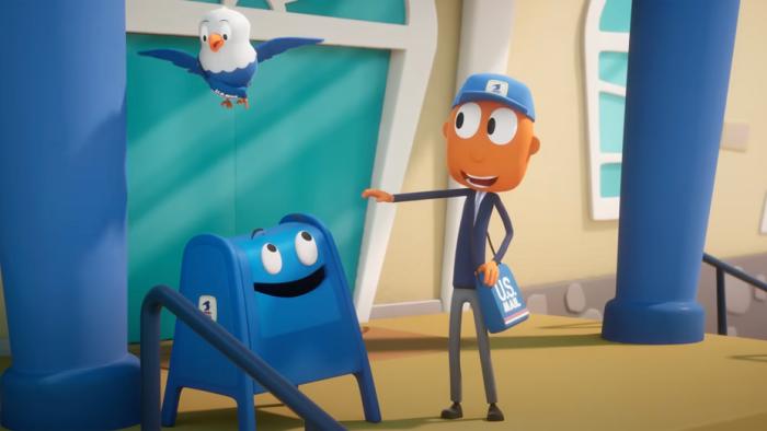 Mail With Mr. ZIP TV: Mr. Zip outside the post office with his friends B. Franklin, the eagle, and Farley, a blue collection box.