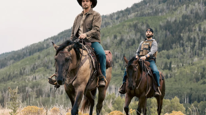 Marshals TV show screenshot 1: Kayce Dutton leads Pete Calvin on horseback.