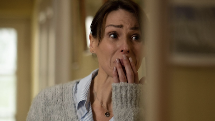 MaryLand TV show screenshot 2: Becca cries from behind a wall. 