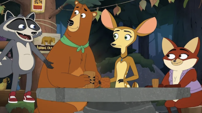 Mating Season screenshot 1: Cartoon animals at a stone table talking, set in a forest at night.
