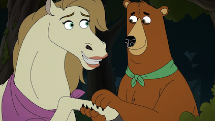 Mating Season screenshot 2: Animated horse and bear holding hands in a forest. 