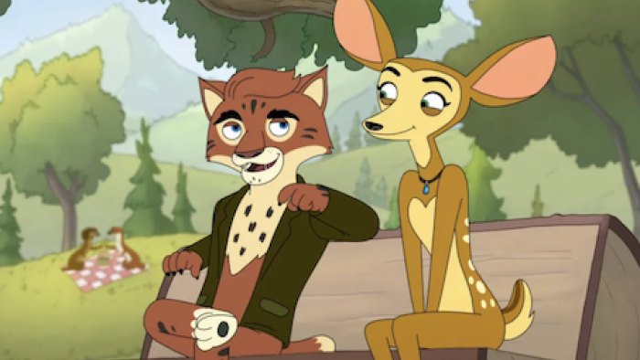 Mating Season screenshot 3: Cat and deer sitting on a park bench, trees in the background.