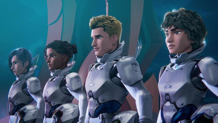 Mech Cadets screenshot 1: Standford, Olivia, Frank, and Maya stand together suited up as pilot trainees. 