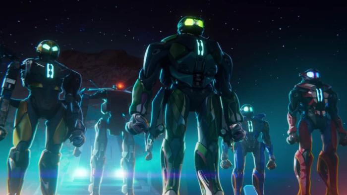 Mech Cadets screenshot 3: Five huge Robo Techs stand in formation in a desert at night, their suits are illuminated in the dark sky as they face forward. 