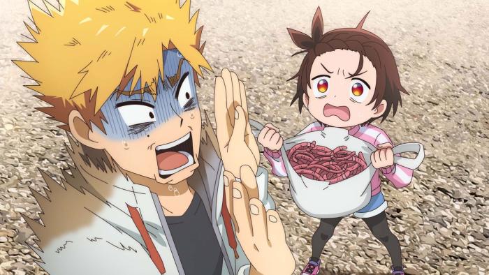 Medalist: Inori excitedly shows Tsukasa a bag of worms. Tsukasa is horrified.