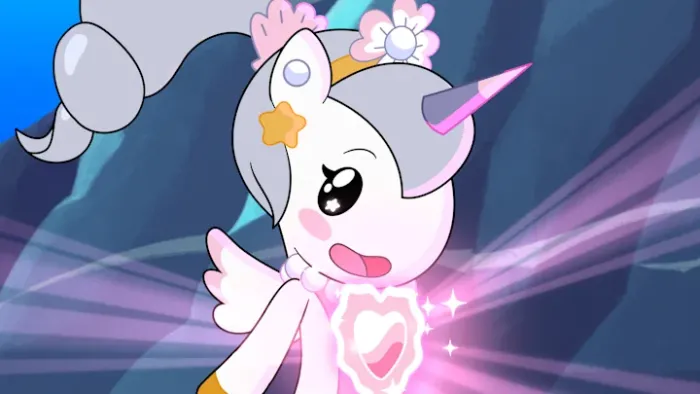 Mermicorno Starfall TV: Astra looks down smiling at her heart which is glows with a pink light, pointing in various directions.