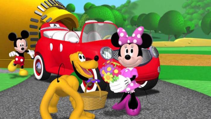 Mickey Mouse Clubhouse TV Show: Mickey, Minnie, and Pluto outside in front of a red car