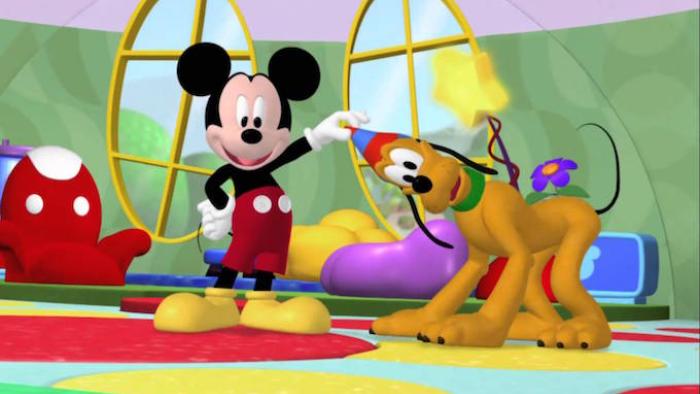 Mickey Mouse Clubhouse TV Show: Mickey Mouse pets Pluto the dog inside a bright room