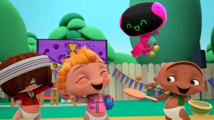Mini Beat Power Rockers TV show screenshot 1: Babies Fuz, Myo, Wat and Carlos play music in the daycare's garden.
