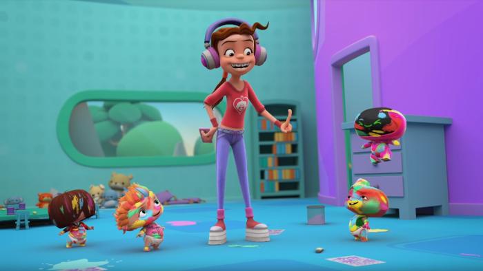 Mini Beat Power Rockers TV show screenshot 2: Babies Fuz, Myo, Wat and Carlos are covered in paint. 