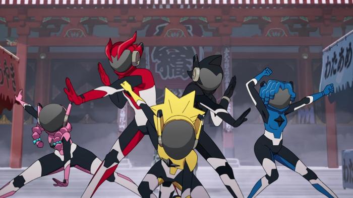 Miraculous World Tokyo Stellar Force TV show screenshot: Five members of the Stellar Force do a group pose, ready to attack, in their masked outfits.