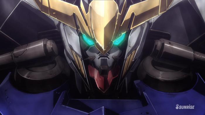 Mobile Suit Gundam Iron blooded Orphans TV show: A closeup shot of a Mobile Suit Gundam’s head is shown, the head of the robot resembles an old samurai helmet with glowing green eyes.