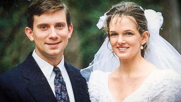 Mr. and Mrs. Murder TV show screenshot: Headshot of a white couple on their wedding day, the bride is wearing a white dress