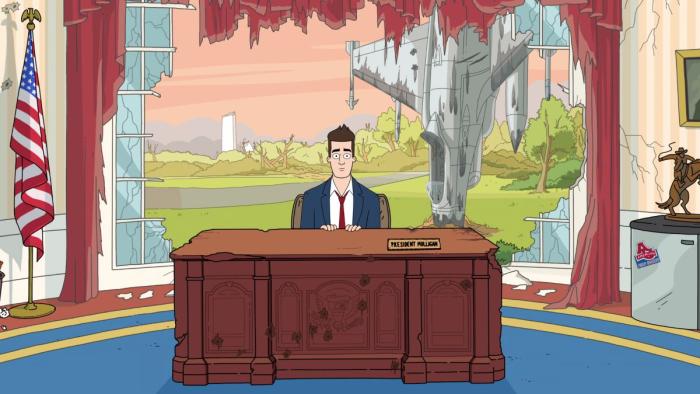 Mulligan TV Show: President Mulligan sits in the semi-destroyed Oval Office