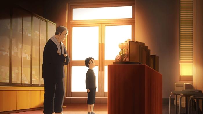My Dress-Up Darling: Sun streams into a dark room. A young Gojo admires the traditional Hina dolls on display. His grandfather watches him.