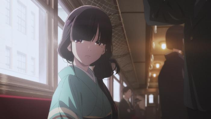 My Happy Marriage: Miyo sits on a train, frowning as she travels
