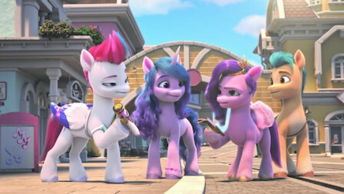 White, purple, pink, and brown ponies look at each other while holding instruments.