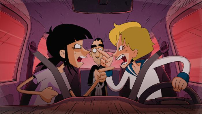 My 2 Cents TV show screenshot 2: Zero sits on the backseat of a vehicle while two of his friends have a fight in the foreground.