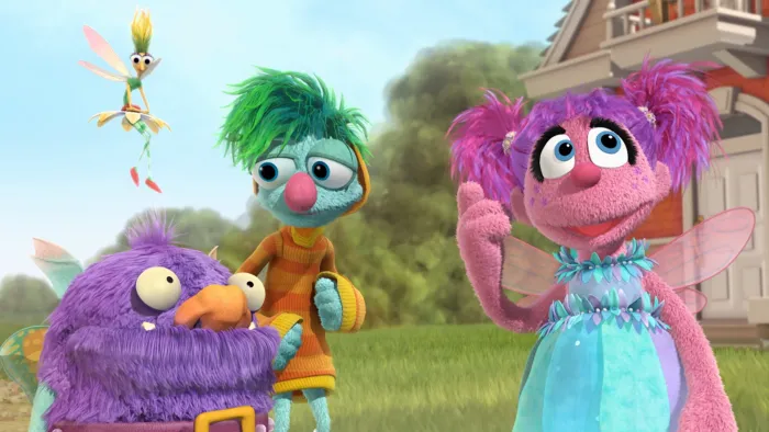 My Sesame Street Friends My Abby TV: Abby with her friends from the Fairy School, standing in front of a house.