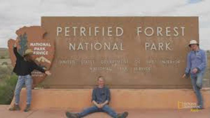 Nature Boom Time! TV show: A teenage girl sits in front, and a teen boys stand on either side, of a large sign for the Petrified Forest National Park.