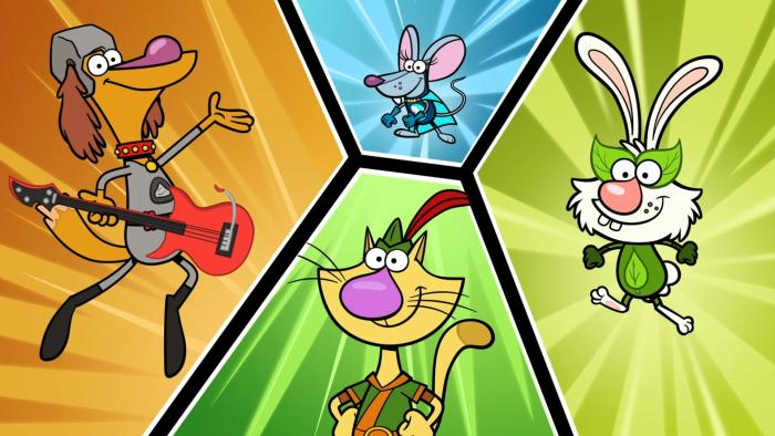 Nature Cat: The Nature-tastic Four Movie TV screenshot 1: Split screen highlights hero poses of Rock Dog, Water Mouse, Plant Bunny, Nature Cat