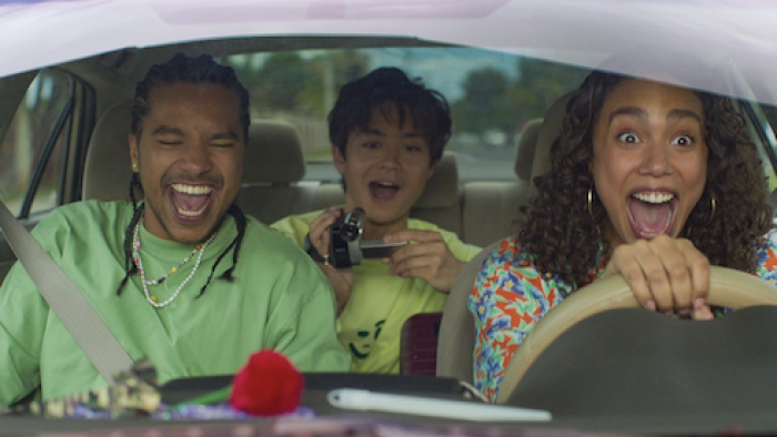 Neon screenshot 1: Santi, Felix, and Ness in car driving to Miami. 