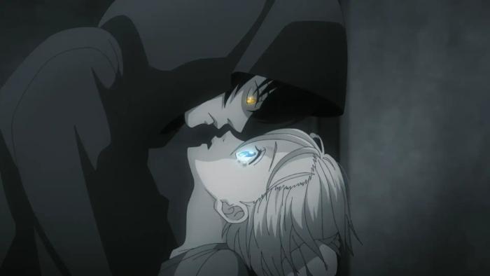 Nina the Starry Bride TV show screenshot 2: Black and white image of Azure leaning over Nina, only their eyes are colored