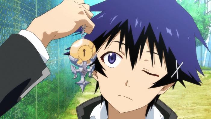 Nisekoi TV show: Raku stands outside of a school holding a gold and silver locket in his hand and has one eye closed as he inspects it.
