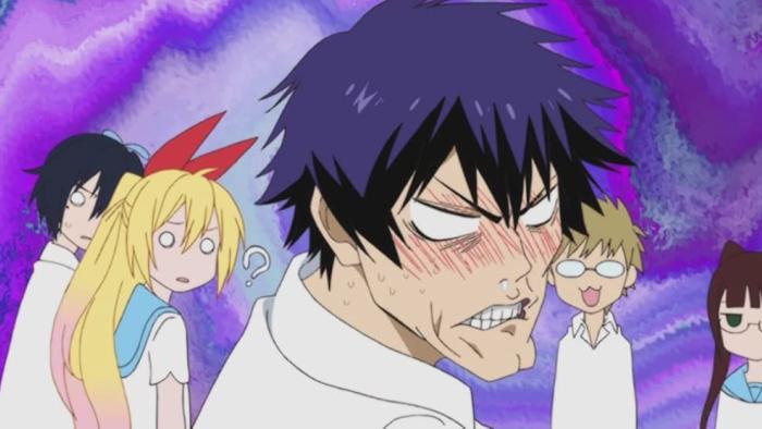 Nisekoi TV show: Raku and friends are standing around, Raku has a very embarrassed look on his face while his friends are making puzzled and goofy expressions behind him.
