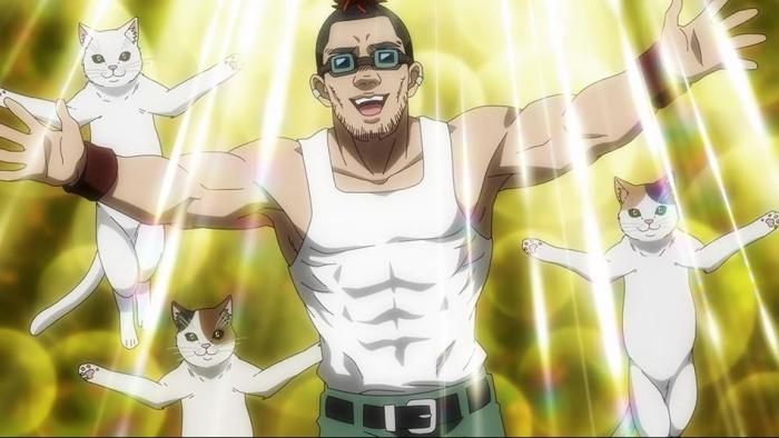 Nyaight of the Living Cat TV show screenshot 3:Tanishi and three cats float with their arms out in front of a bright yellow background