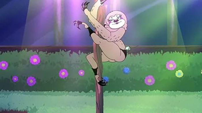 A sloth with long eyelashes hangs from a stripper pole, wearing black underwear