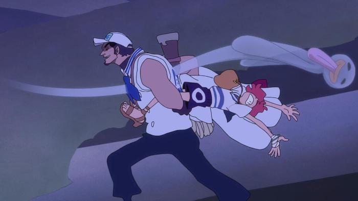 One Piece Fan Letter TV show screenshot 2: An adult man in a sailor's outfit gives a girl a piggyback ride. 
