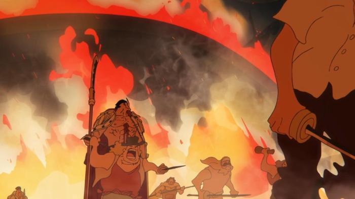 One Piece Fan Letter TV show screenshot 3: People holding weapons rush on-screen. A fire blazes behind them as if the setting is burning.