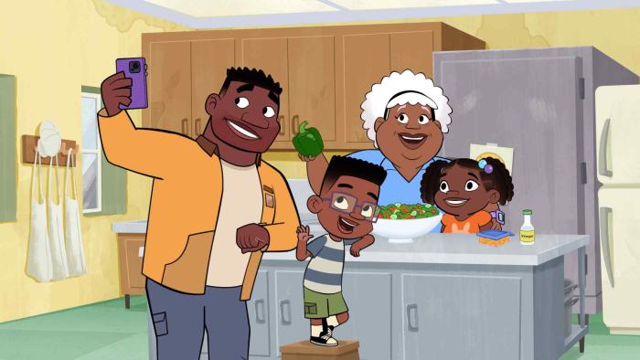 Phoebe & Jay TV: Dad takes a selfie of himself, Jay, Grandma and Phoebe next to salad.
