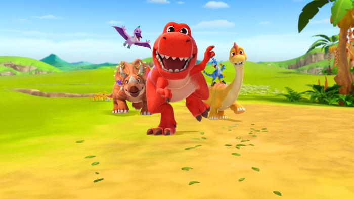 Pinkfong Little Dino School TV show screenshot 1: Dinosaurs Rex, Brie, Vella, Pete and teacher Trever run towards camera in open outdoor space.