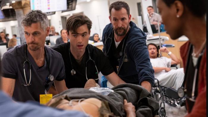 The Pitt: doctors load a patient off of a gurney