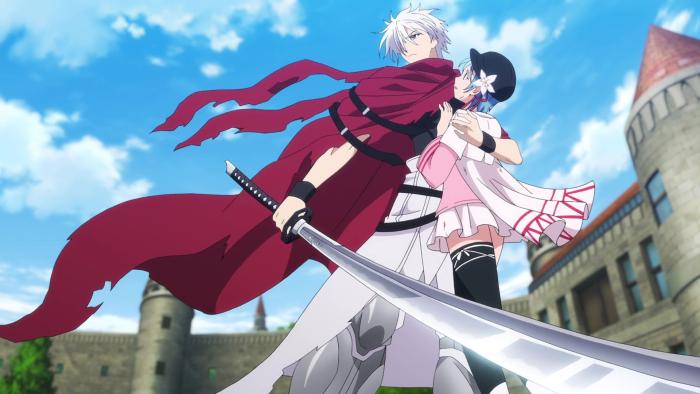 Plunderer: Licht holds Hina close. He holds a sword in front of himself, looking grim. Hina looks up at Licht in awe.