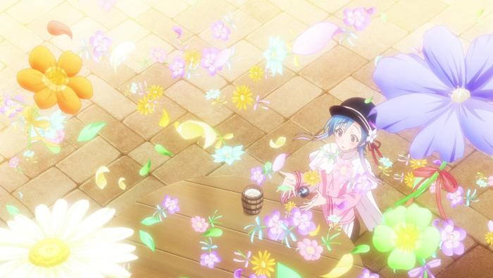 Plunderer: Birds-eye view of Hina sitting at a table. She watched in delight as the item in her hand explodes into a burst of colorful flowers.