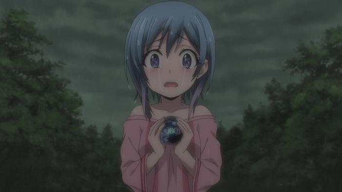 Plunderer: A young Hina cries and clutches a dark orb. On a rainy day, she watches her mother disappear (off-screen).