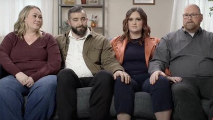 Polyfamily TV show screenshot 1: Alysia Rodgers, Tyler Rodgers, Sean Hartless, Taya Hartless sit on sofa. 