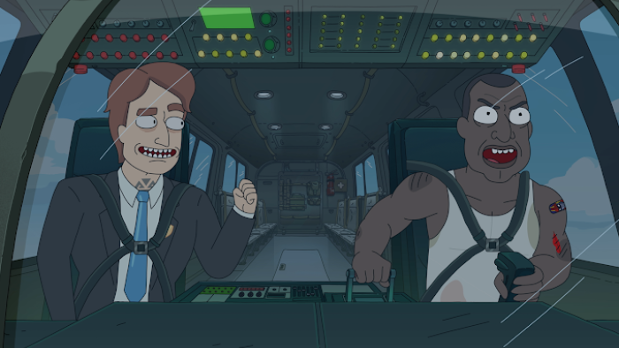 President Curtis TV show screenshot 1: O'Doyle and President Curtis ride in a car together; the President wears a white tank top and a gun holster