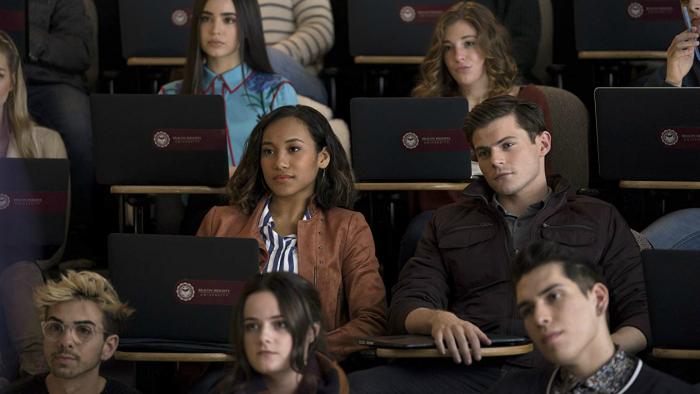 Pretty Little Liars: The Perfectionists TV Series: Caitlin, Ava, and Nolan sit together in class