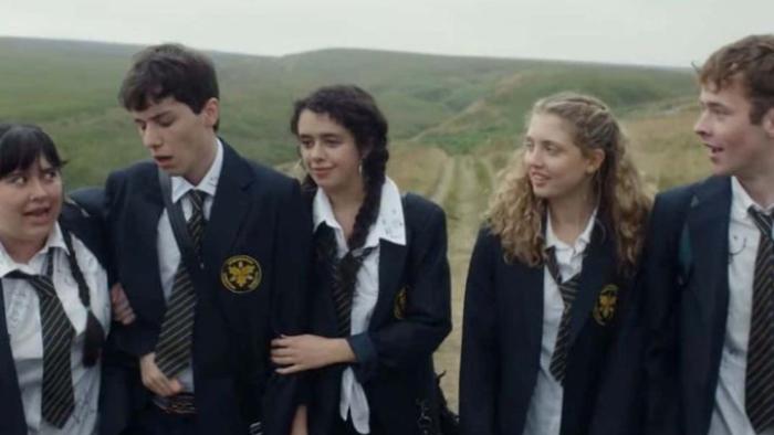 Red Rose TV show: Ash, Antony, Rochelle, Wren, and Noah head to a party together in their school uniforms, against a natural backdrop of moors