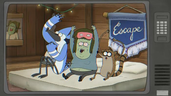 Regular Show: The Lost Tapes TV show screenshot 2: Mordecai, Rigby, and Muscle Man sit on a bed